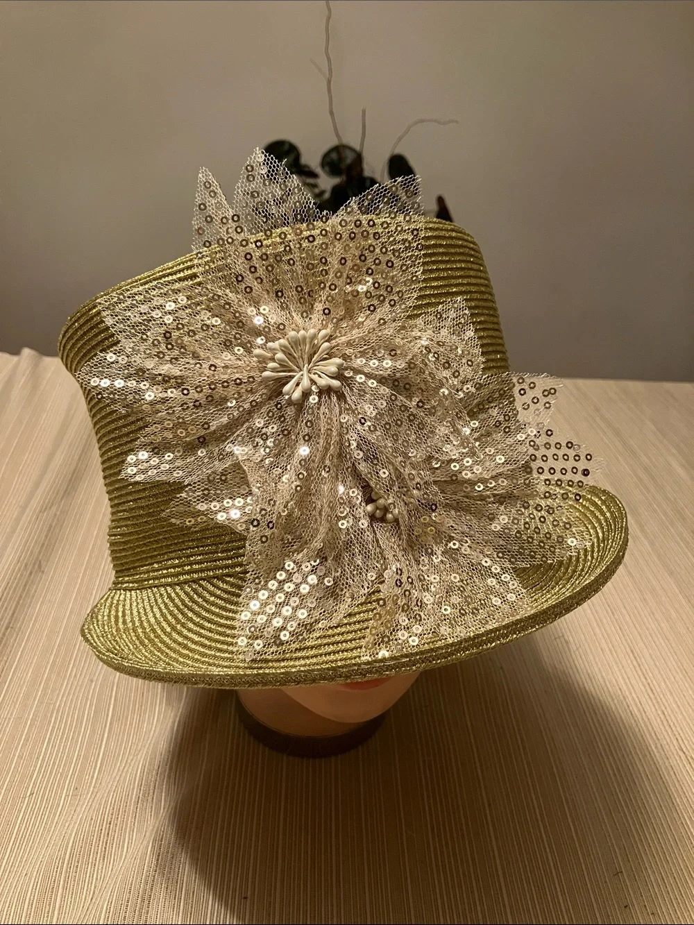 Chic Metallic Gold Hat with Champagne Gold Sequin Floral Appliqués